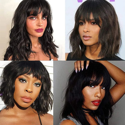 Natural Wavy Human Hair Wigs with Bangs Loose Wave Curly Wigs for Women None Lace Front Wigs Brazilian Remy Human Hair for Daily