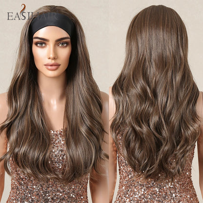 Long Headband Synthetic Wigs Natural Wavy Brown Highlight Headband Hair Wigs for Women Heat Resistant Cosplay Party Fake Hair