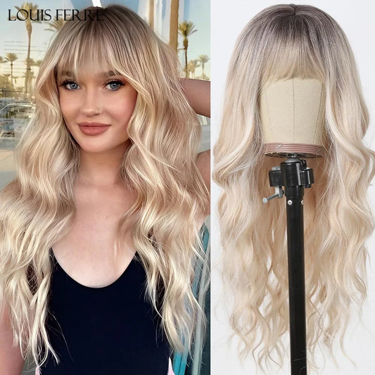 Long Wavy Wigs Blonde Wigs With Bangs For Women Platinum Stripe Highlight Long Curly Wavy Wig With Dark Roots Synthetic Hair Wig