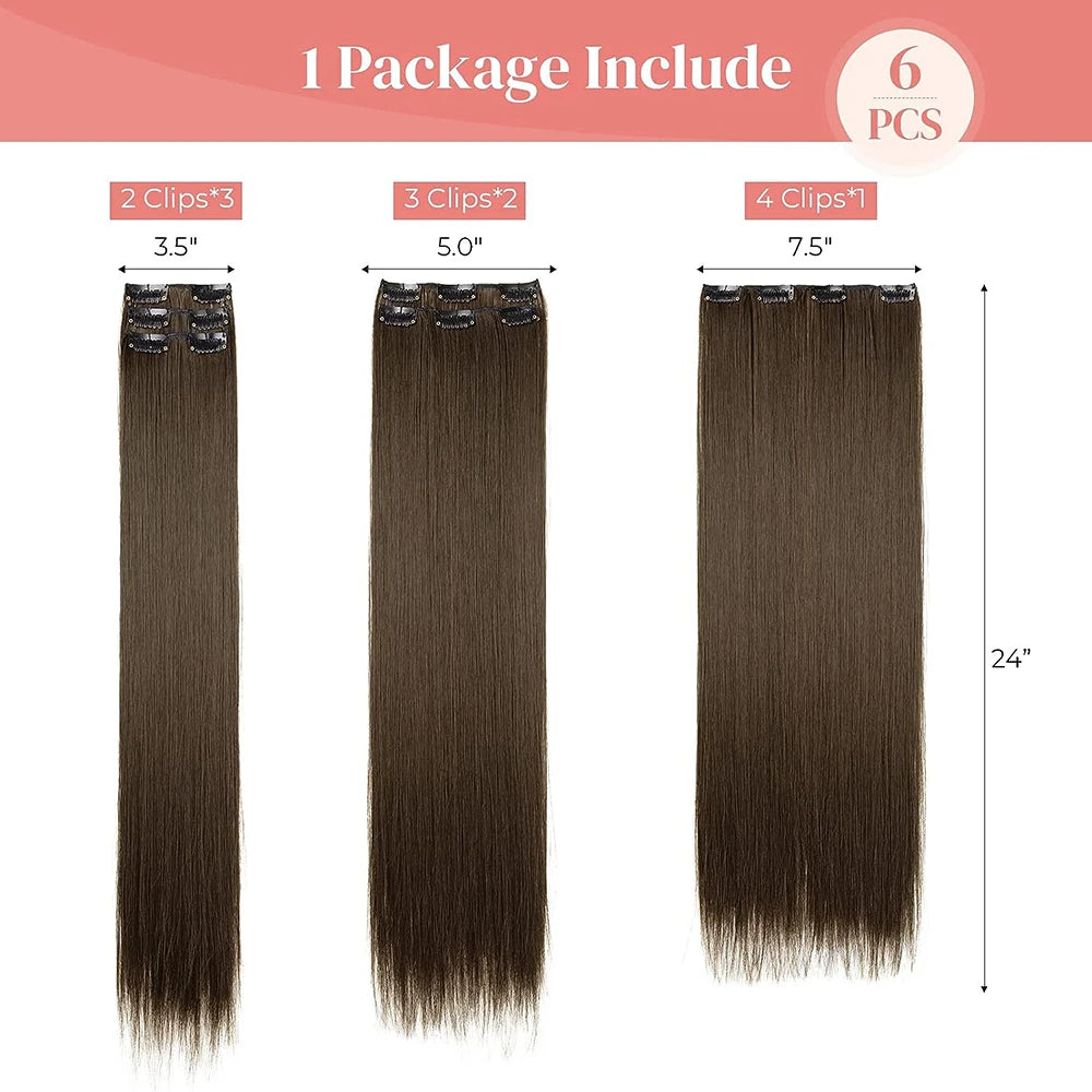 Synthetic Black Hair Extensions 24"/60cm 140g 6pcs/set Women Long Straight Full Head Clip 16 Clips  Ombre  Heat Resistant Fiber