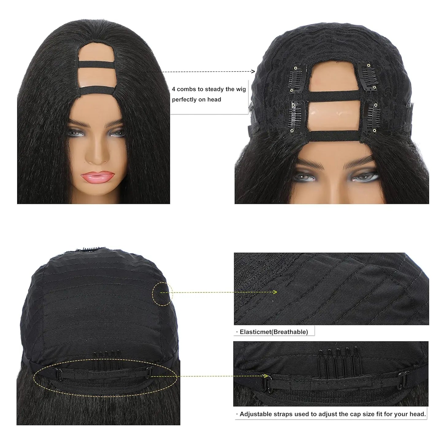 Synthetic U Part Wigs for Black Women Yaki Straight Wigs Natural Color Kinky Straight U-part wigs Hair Extension Clip