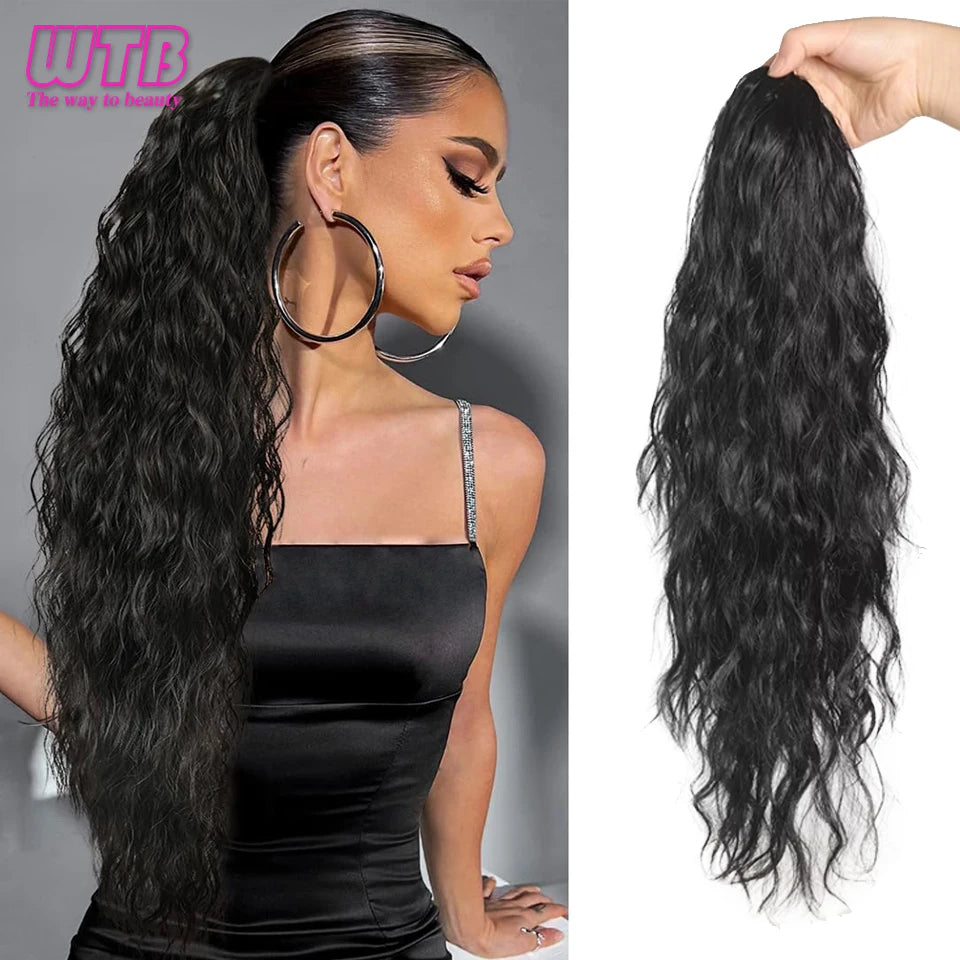 Synthetic Ponytail Extension 26 Inch Extra Long Drawstring Wavy Curly Ponytails Black Brown Fake Hair piece for Women