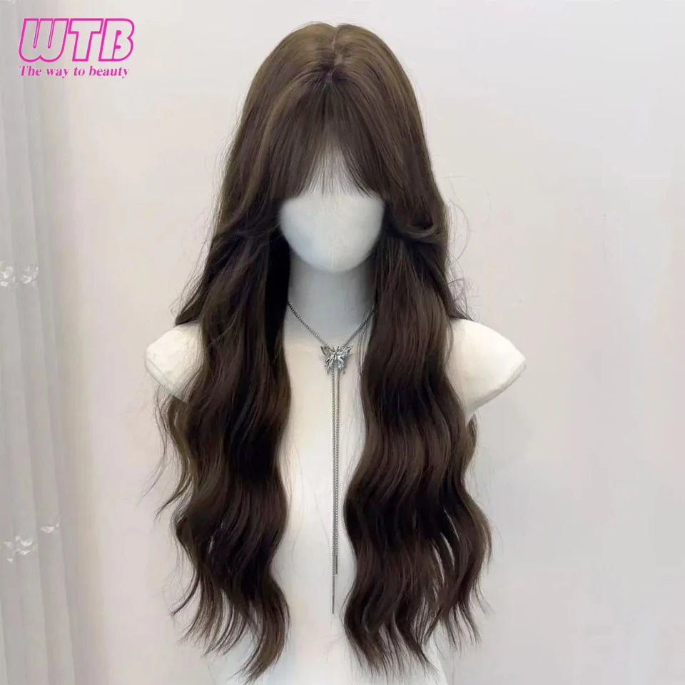 Syntietic WIGS Popular Black Long Deep Wave Hair Lolita Wigs With Bangs Synthetic Wig For Women Fashion Thick Curls Wigs Girl