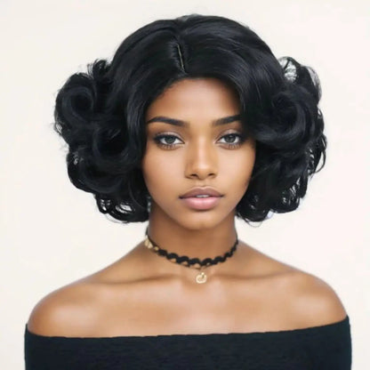 Synthetic Afro Black Curly Wigs for Women Wave African American Wig with Side Bang Natural Hairstyles Full Hair Replacement Wigs