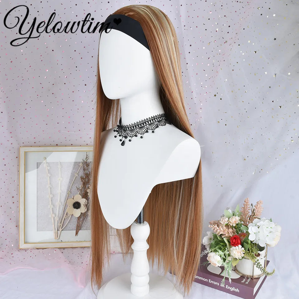 32inch Headband Wig Straight Hair Wig Women Brown High Gloss Synthetic Headband Wig gold mixed color