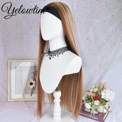 32inch Headband Wig Straight Hair Wig Women Brown High Gloss Synthetic Headband Wig gold mixed color