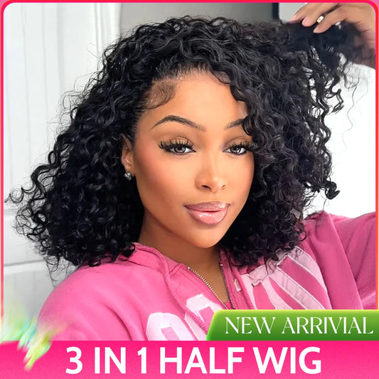 Flip Over Half Wig Water Wave Upgrade 3 IN 1 Half Wig Human Hair With Drawstring Seamless Isee Hair Clip Ins