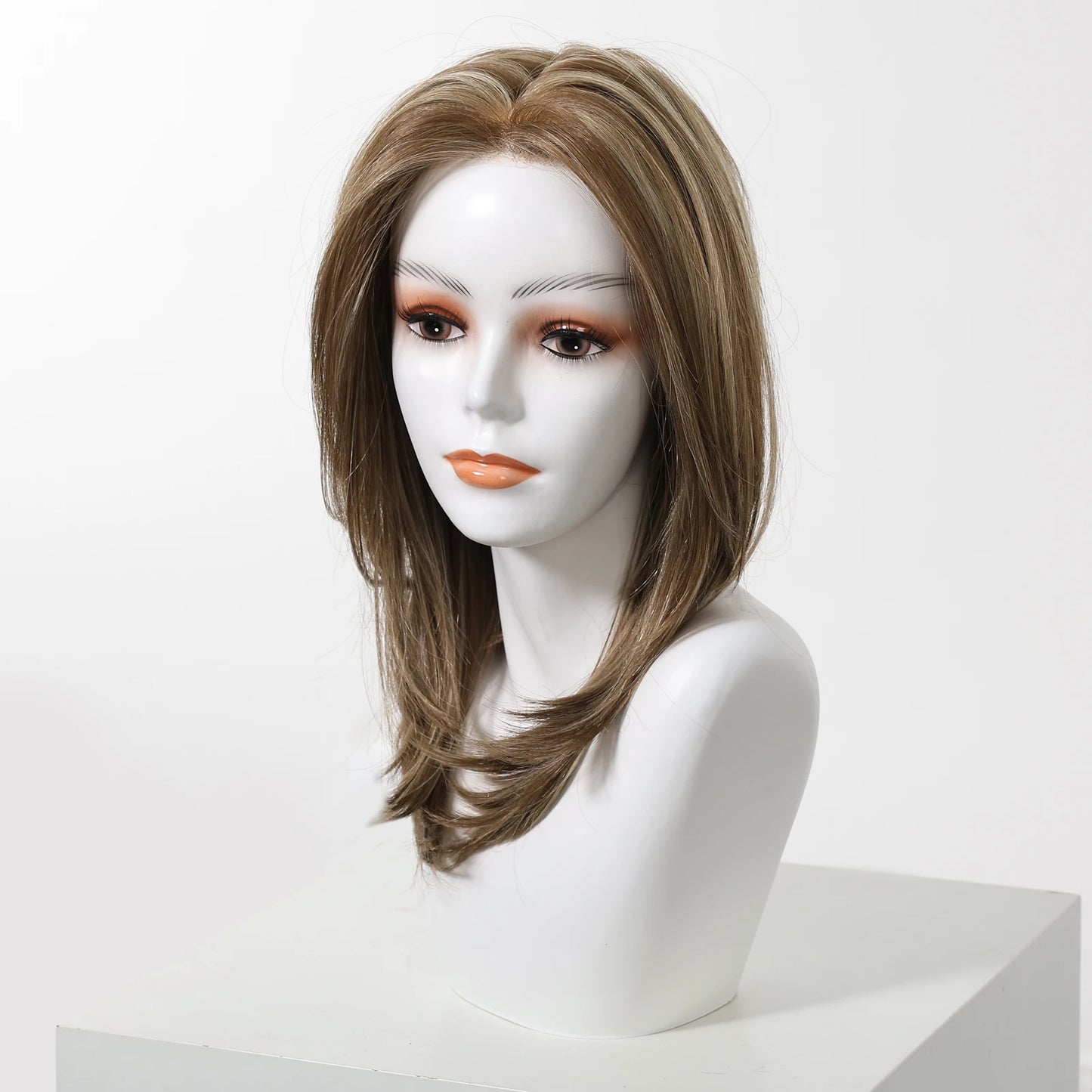 MONO Lace Frontal Synthetic Wigs Light Brown Blonde Hair Middle Length Straight Layered Wigs for White Women Daily 16inches Hair