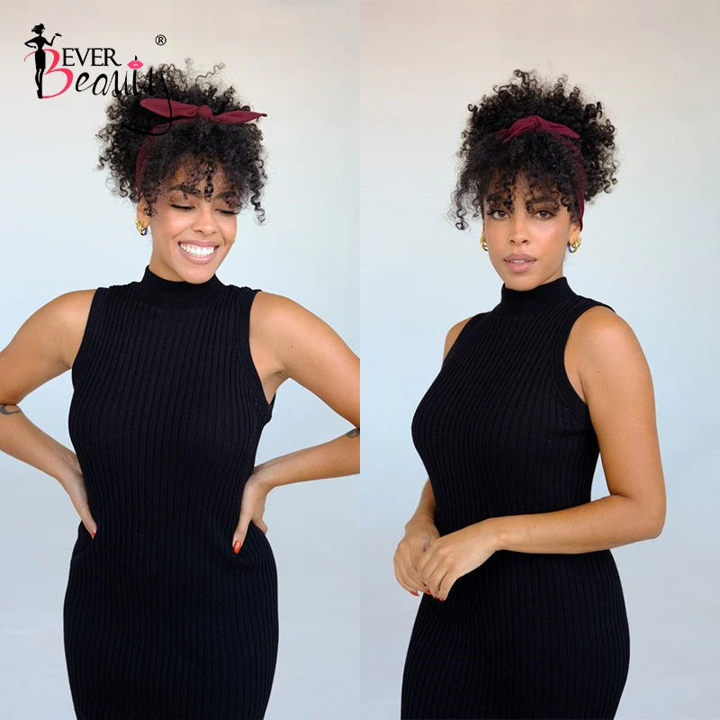 Ponytail Human Hair Mongolian Afro Kinky Curly Drawstring Ponytails With Bangs Clip In Extensions For Women Ever Beauty Remy