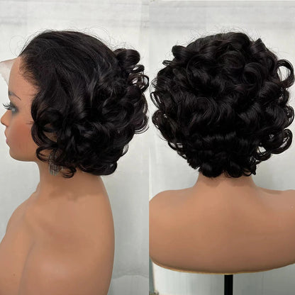 100% Vietnamese Hair Short Pixie Cut Wigs For Black Women 8" Ombre Wavy Hair Wigs Pixie Cut Bouncy Curly 13x4 Lace Frontal Wigss