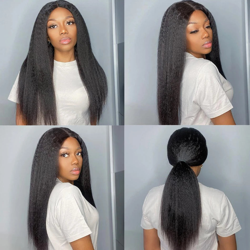 Brazilian Kinky Straight Hair Bundles With Closure Ear to Ear Coarse Yaki Bundles With Frontal Closure Remy Human Hair Extension