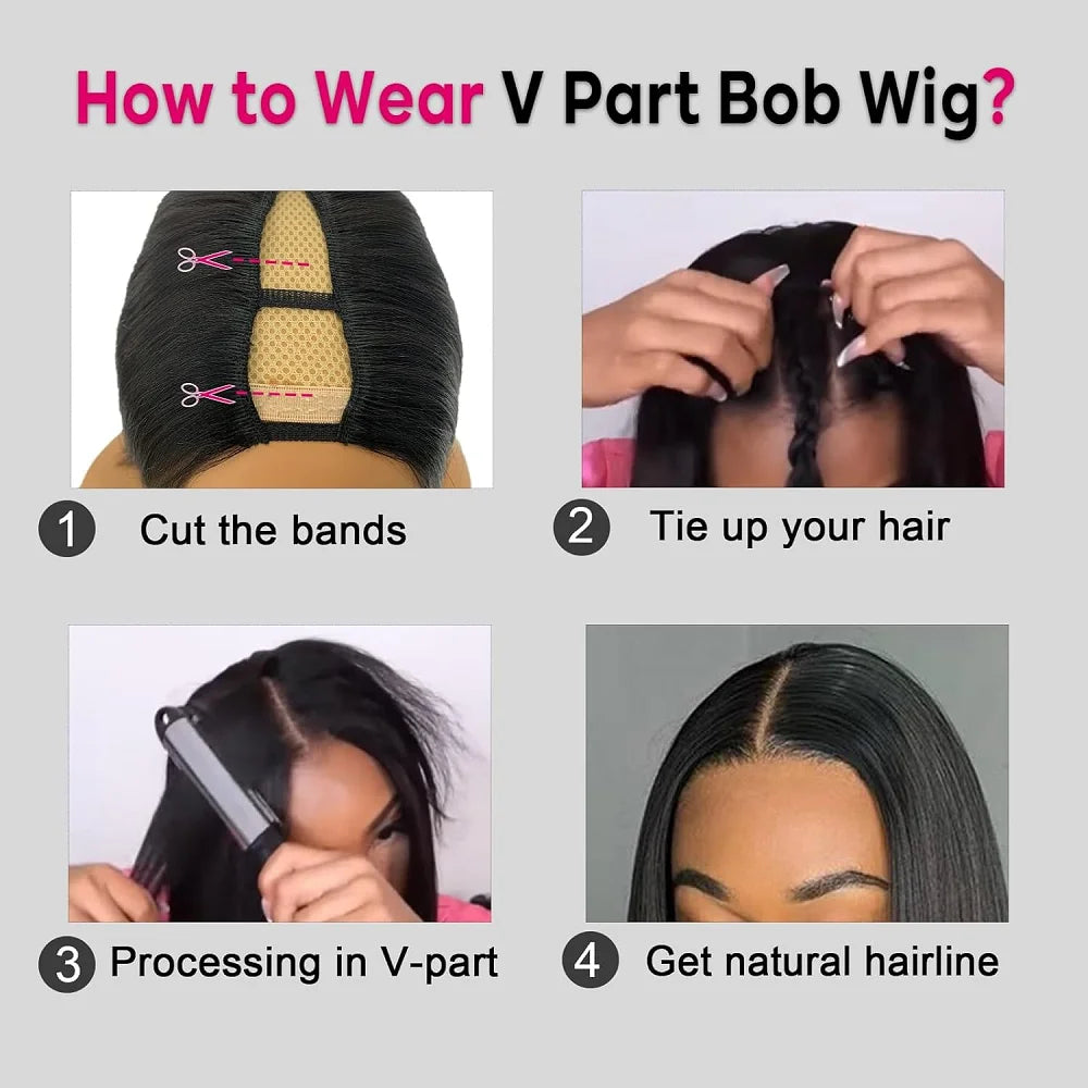 V Part Wig Human Hair Bob Wig for Black Women Brazilian Remy Straight Human Hair U Part Wig Beginner Friendly No Glue No Sew in