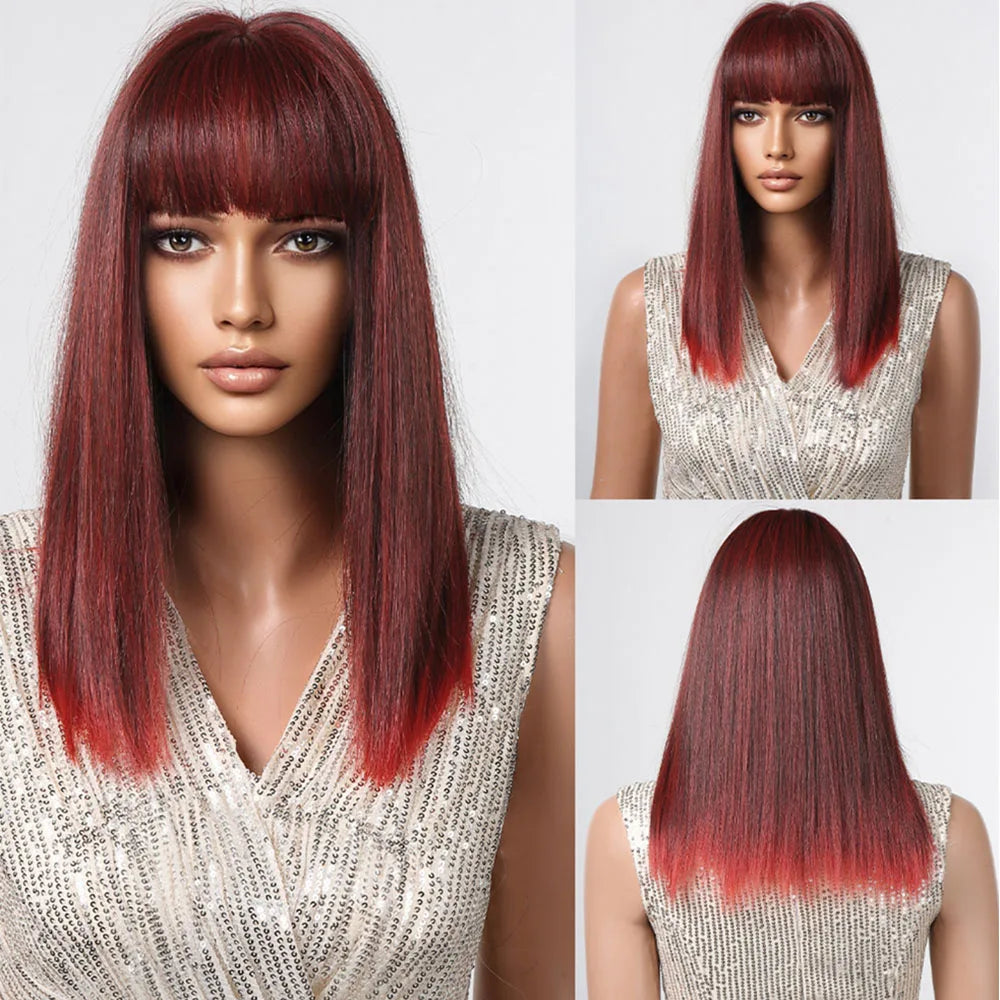 Straight Black Bob Synthetic Wig with Bangs Medium Long Cosplay Layered Wigs for Woman Natural Hair Daily Wig Heat Resistant