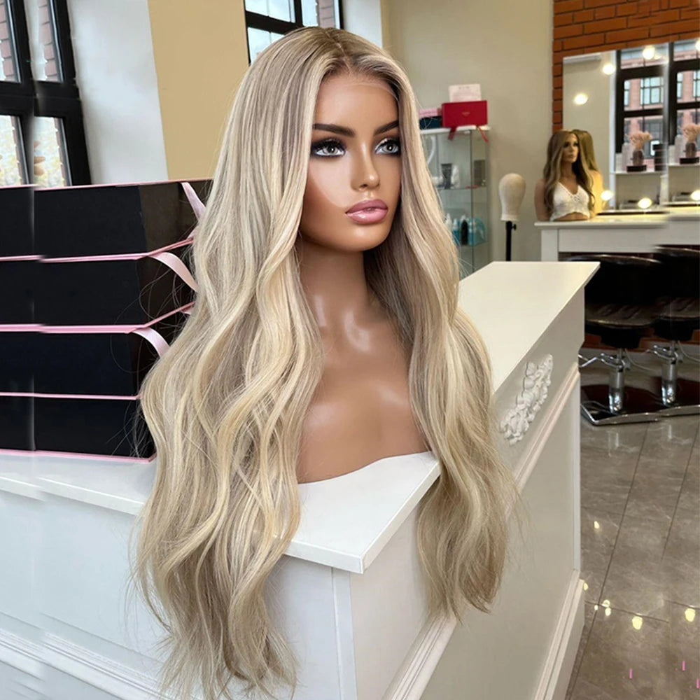 Full Lace Wig Warm Blonde Highlights Human Hair Wigs 13x6 HD Invisible Lace with Natural Roots Slight Wavy Virgin Hair 180%