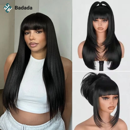 3X1 Middle Part Lace Wig Bone Straight Human Hair Wig With Bangs Brazilian Full Machine Made 100% Human Hair Wigs For Women