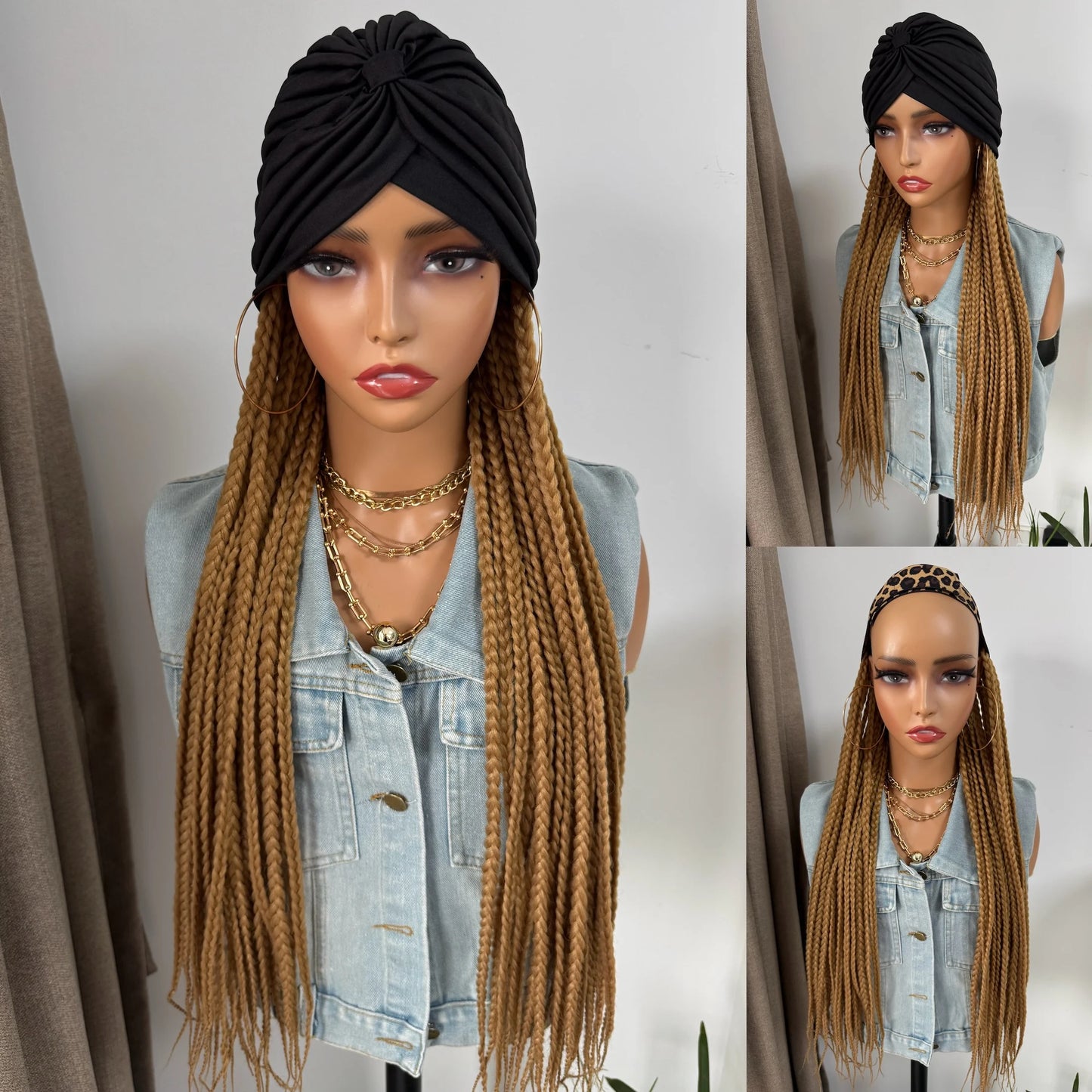 WIGERA Leopard Print Headband Long Braided Synthetic Wig With Turban Hat Box Braiding Hair Extensions Head Scarf  Easy Hairstyle