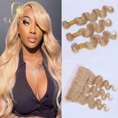#27 Honey Blonde Human Hair Bundles with 4X4 Closure Brazilian Hair Weave Bundles with Closure 10A Colored Body Wave 1 3 Bundles
