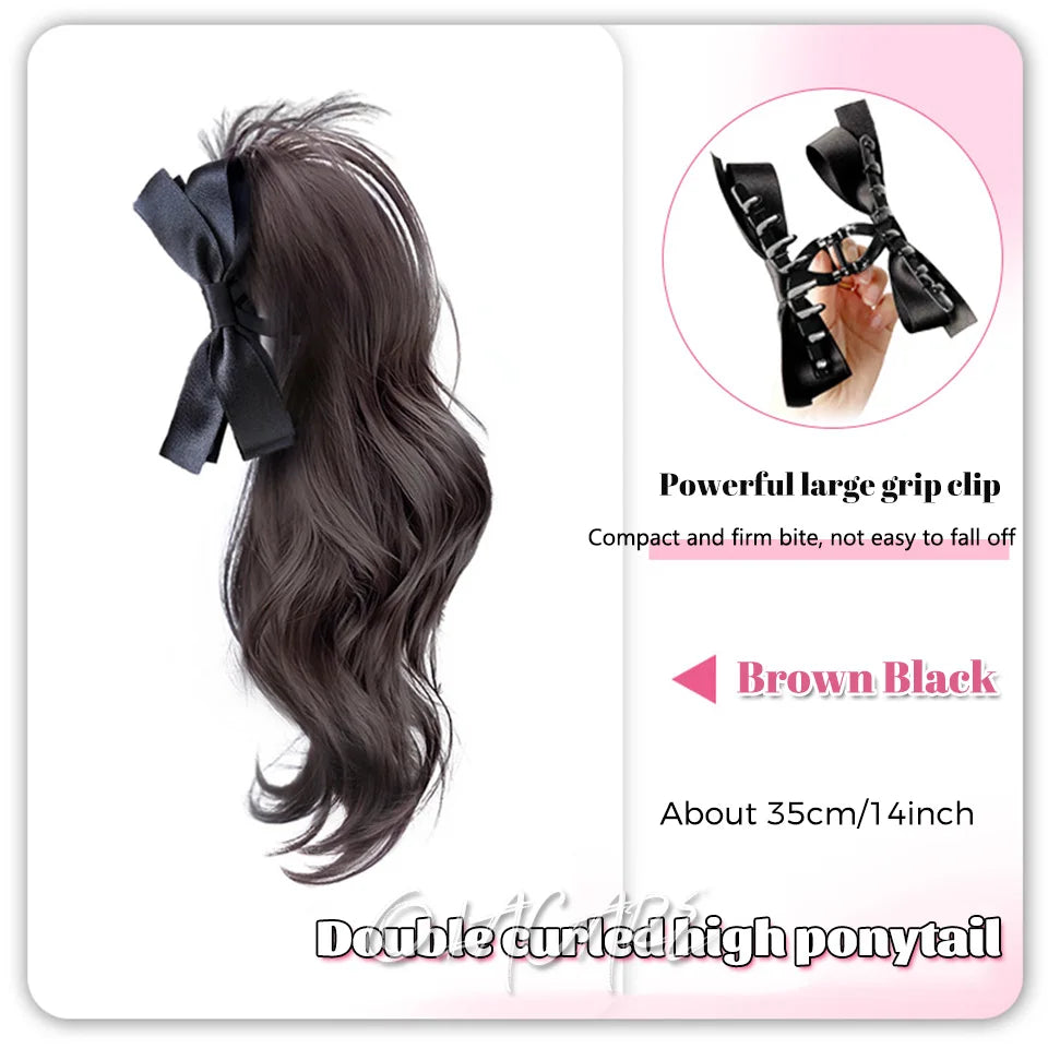 Ponytail Extension Bow Claw Curly Wavy Clip in Hairpiece Ponytail Hair Extensions Long Pony Tail Synthetic for Women Girl Daily