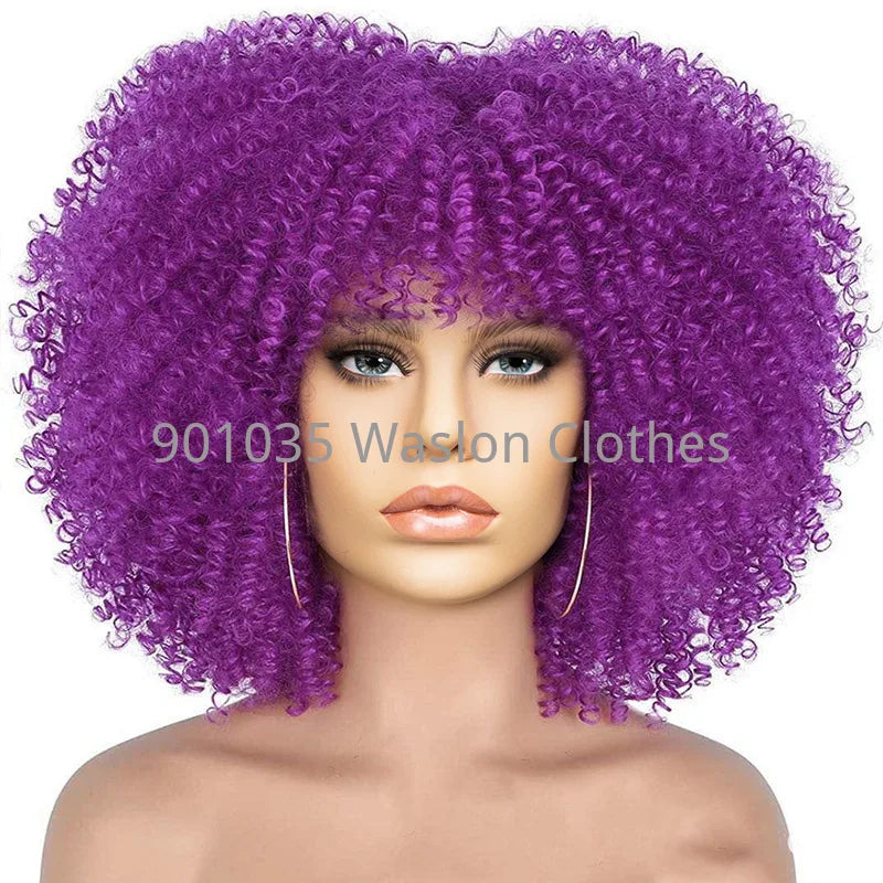 Short Afro Kinky Curly Wig With Bangs For Black Women Synthetic Ombre Glueless Colorful Wig Cosplay Party Halloween Wigs