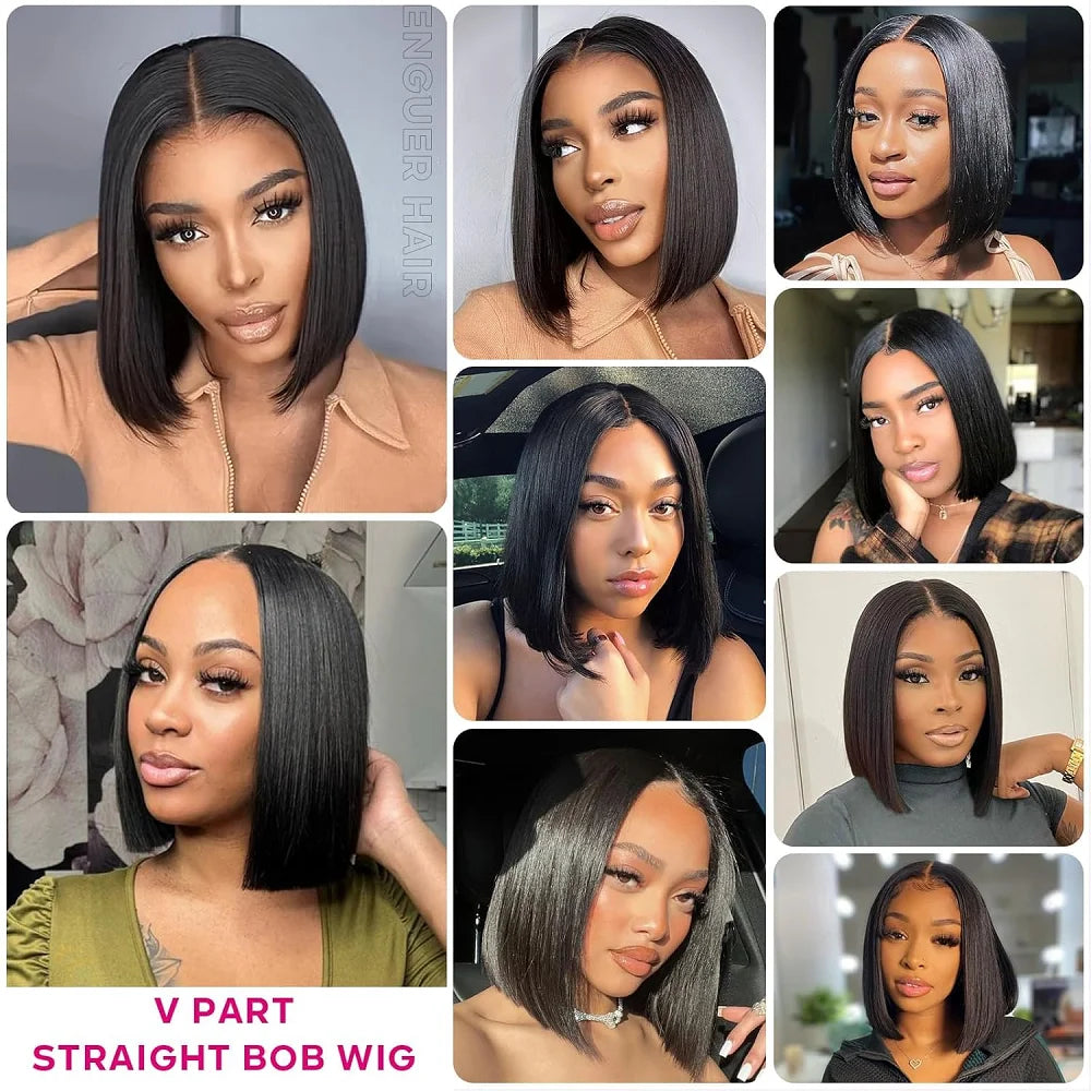 V Part Wig Human Hair Bob Wig for Black Women Brazilian Remy Straight Human Hair U Part Wig Beginner Friendly No Glue No Sew in