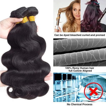 Body Wave Bundles Human Hair With Frontal 100% Natural Human Hair Extensions 3 Bundles With13x4 Transparent Lace Frontal Closure