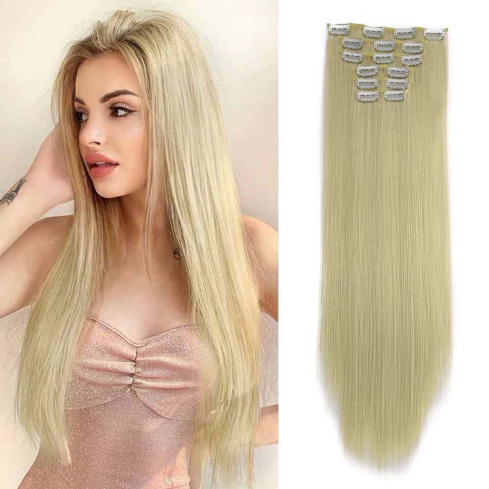 Synthetic Black Hair Extensions 24"/60cm 140g 6pcs/set Women Long Straight Full Head Clip 16 Clips  Ombre  Heat Resistant Fiber