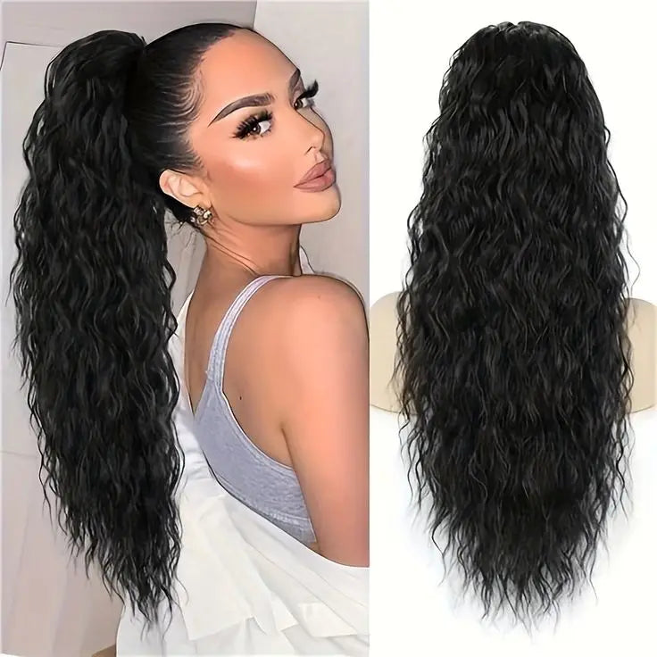 32inch Curly Wavy Ponytail Hair Extension For Women Drawstring Ponytail Hairpieces Synthetic Fake Horse Tail Black