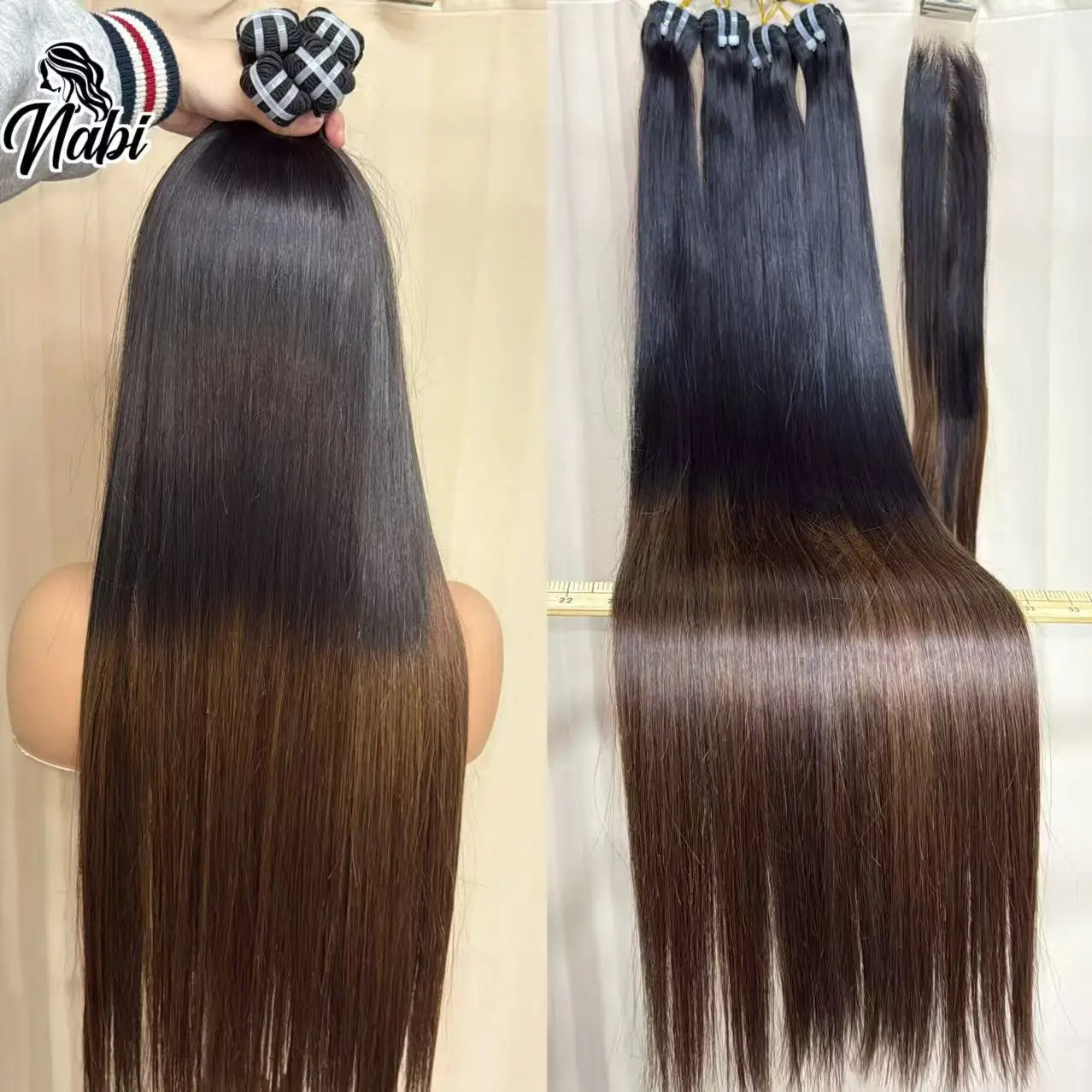 Nabi 1BT4 # Raw Vietnamese Human Hair Bundles With 2X6 HD Lace Closure Middle Part 16A Double Drawn Bone Straight