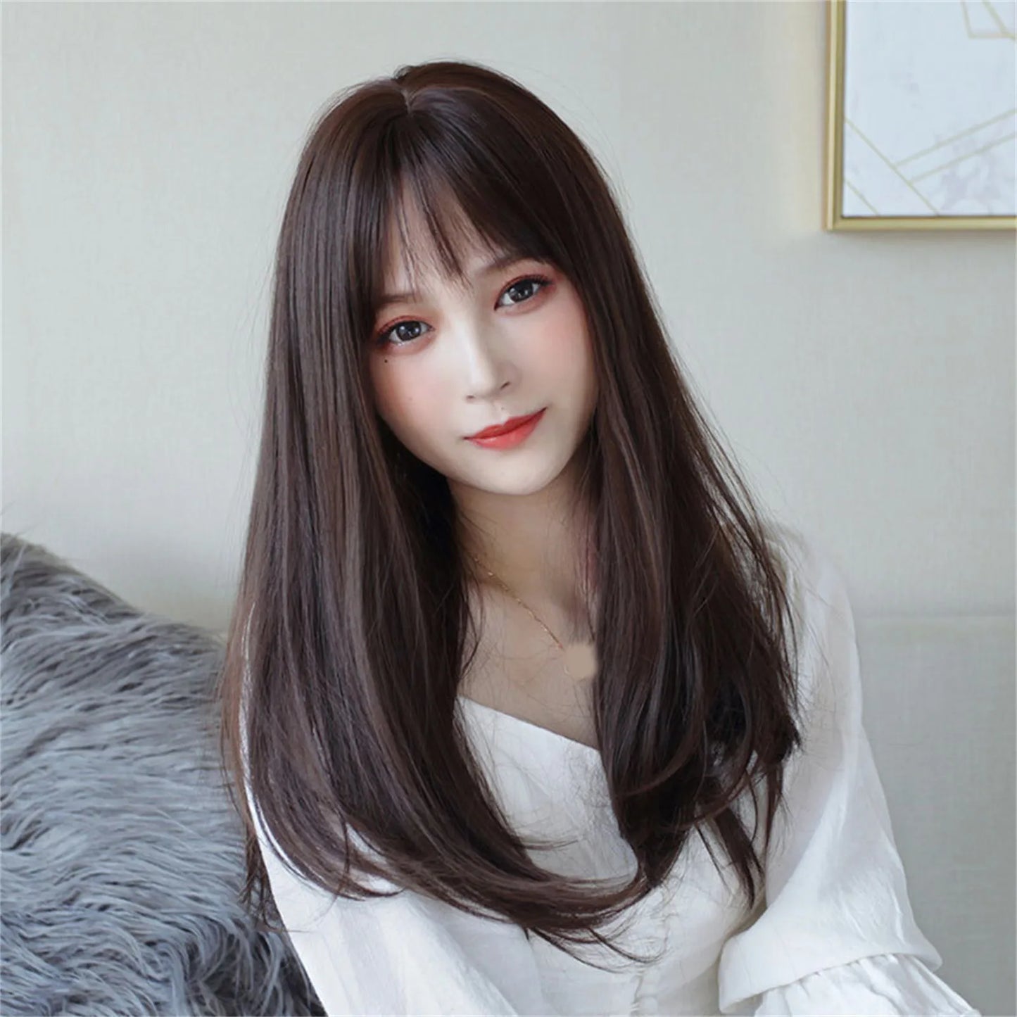 Long Straight Synthetic Wig with Bangs Dark Black Hair Wigs for Women Cosplay Natural Hair Wigs Party Heat Resistant