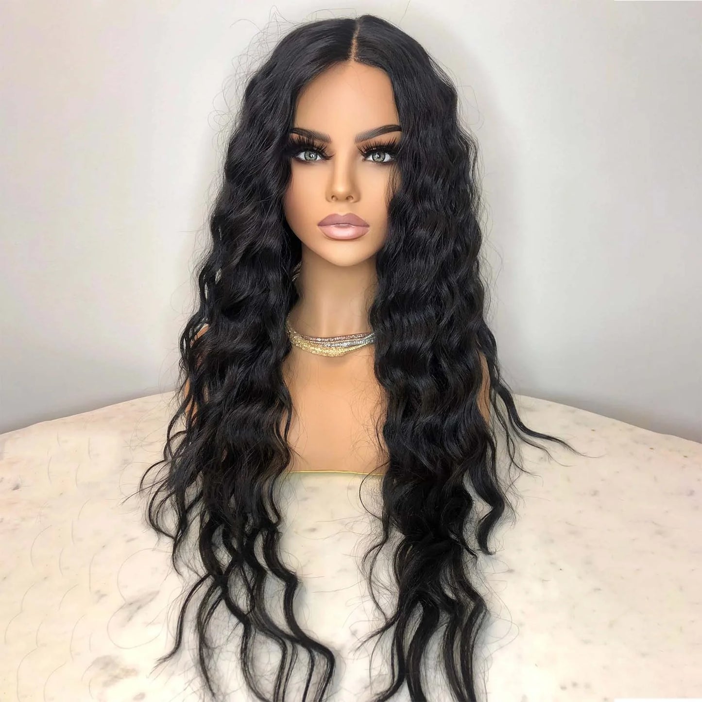 Long Curly Hair Wig for Women Natural Black Wavy Synthetic Wig Middle Part Pre Plucked Hairline 13X4 Lace Front Brunette Wigs