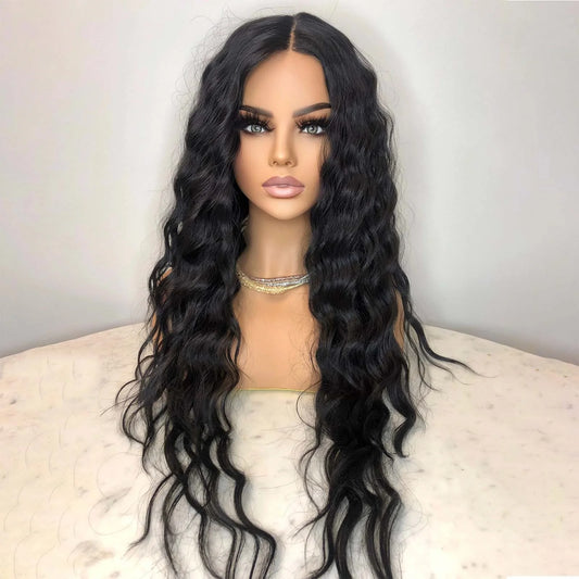 Long Curly Hair Wig for Women Natural Black Wavy Synthetic Wig Middle Part Pre Plucked Hairline 13X4 Lace Front Brunette Wigs