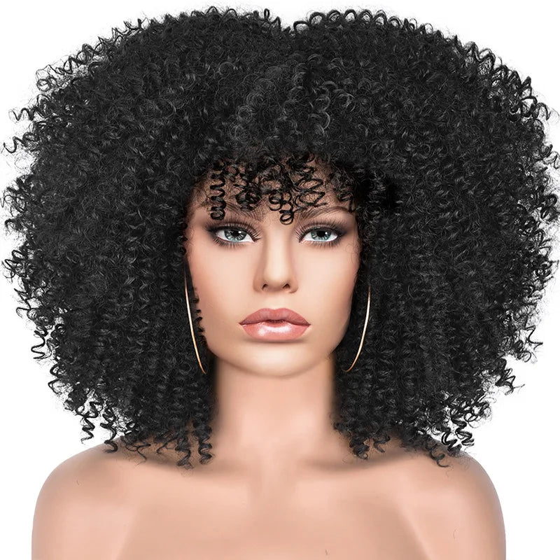 Short Afro Kinky Curly Wig With Bangs For Black Women Synthetic Ombre Glueless Colorful Wig Cosplay Party Halloween Wigs