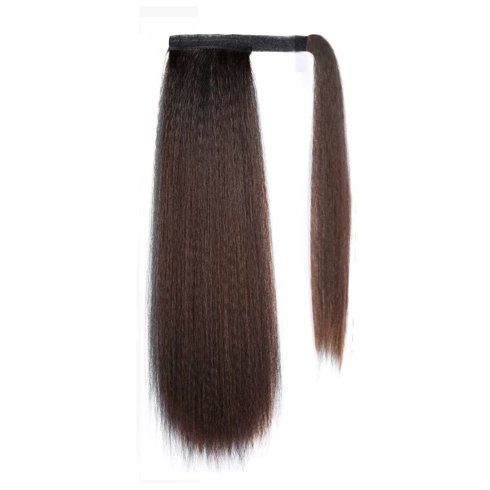 Synthetic Long Kinky Straight Ponytail Extension for Black Women Yaki Wrap Arpund Hair 24 Inch Clip in Magic Paste Black Tail