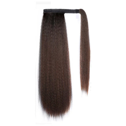 Synthetic Long Kinky Straight Ponytail Extension for Black Women Yaki Wrap Arpund Hair 24 Inch Clip in Magic Paste Black Tail