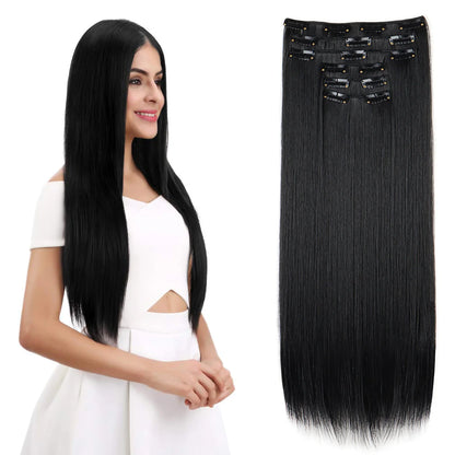 24Inch 16 Clips in Hair Extensions Long Straight Hairstyle Synthetic Blonde Black Hairpieces Heat Resistant False Hair Daily Use