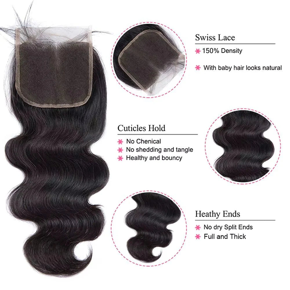 Human Hair Bundles with Closure Body Wave Brazilian Virgin Human Hair Weave 3 Bundles with 4x4 Lace Closure Natural Black Color