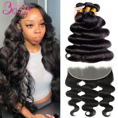 Closure With Bundles 100% Human Hair Body Wave Extensions Frontal 13x4 Lace Closure Peruvian Hair Thick And Smooth Black Color