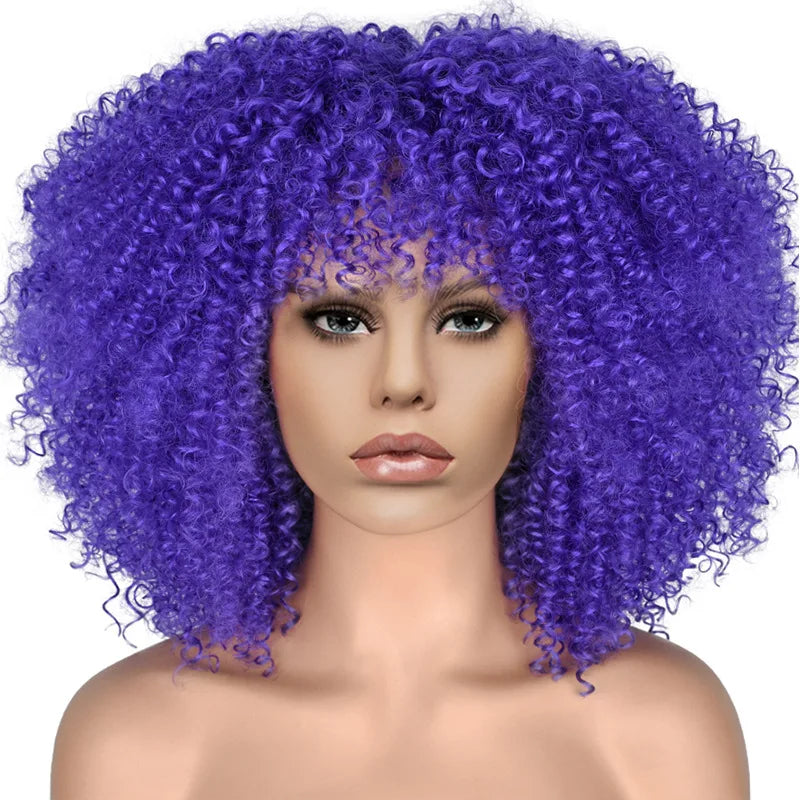 Short Afro Kinky Curly Wig With Bangs For Black Women Synthetic Ombre Glueless Colorful Wig Cosplay Party Halloween Wigs