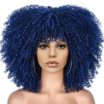 Short Afro Kinky Curly Wig With Bangs For Black Women Synthetic Ombre Glueless Colorful Wig Cosplay Party Halloween Wigs