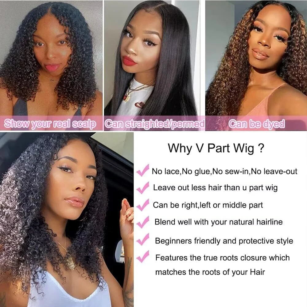 Mongolian Afro Kinky Curly Human Hair V Part Wig Natural Black 180 200 Density For Black Women Machine Made Remy Hair V-part