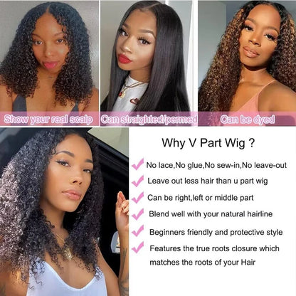 Mongolian Afro Kinky Curly Human Hair V Part Wig Natural Black 180 200 Density For Black Women Machine Made Remy Hair V-part