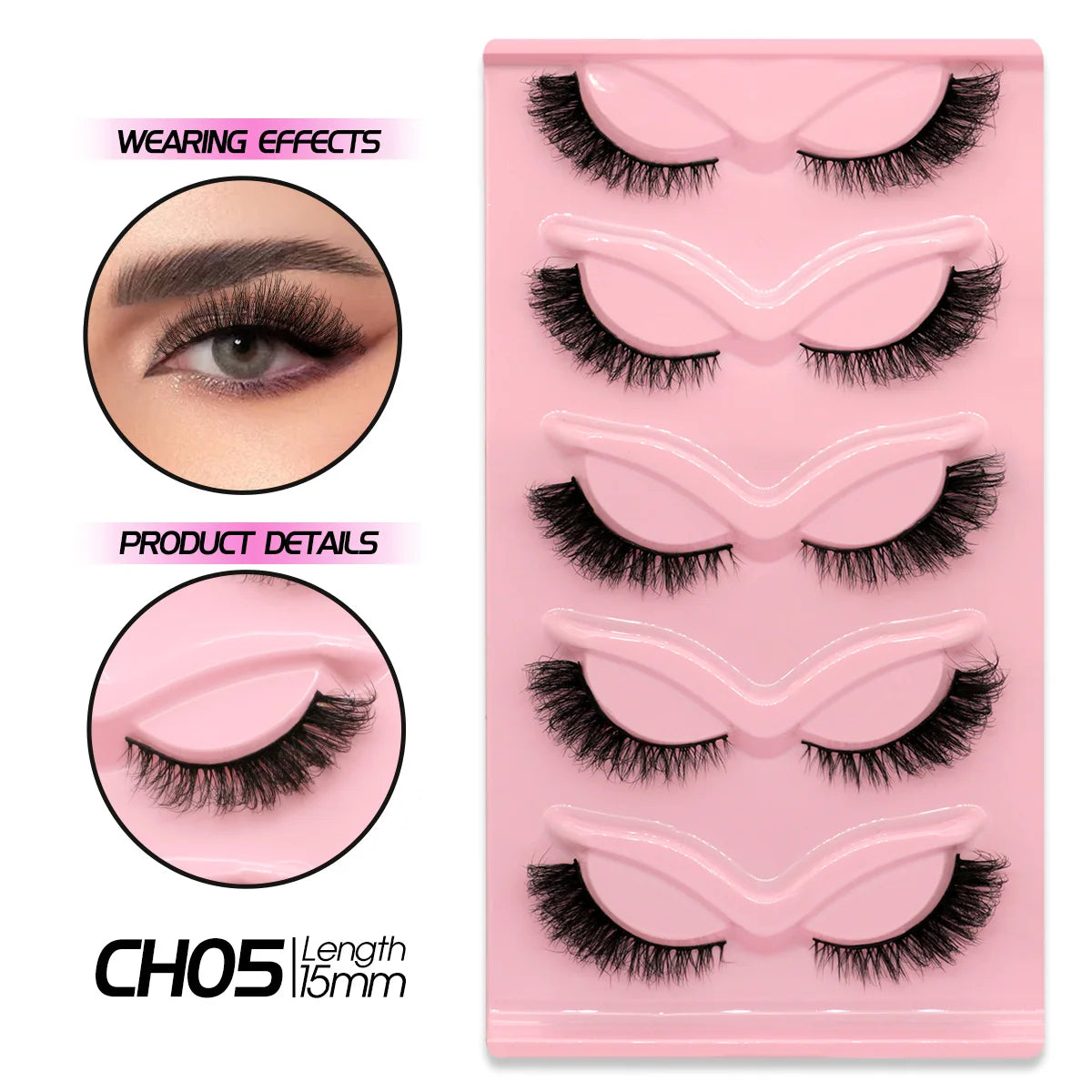 GROINNEYA Cat Eye Effect Natural 5/10 Pairs Elongated eye tail Lashes Look Soft Wispy Mink Eyelashes Full Strip Lashes Extension