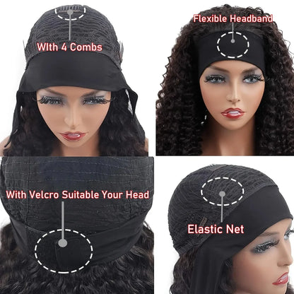 Headband Wig 100% Brazilian Human Hair Curly Wigs Easy To Install Water Wave Real Human Hair Wigs 180% Density