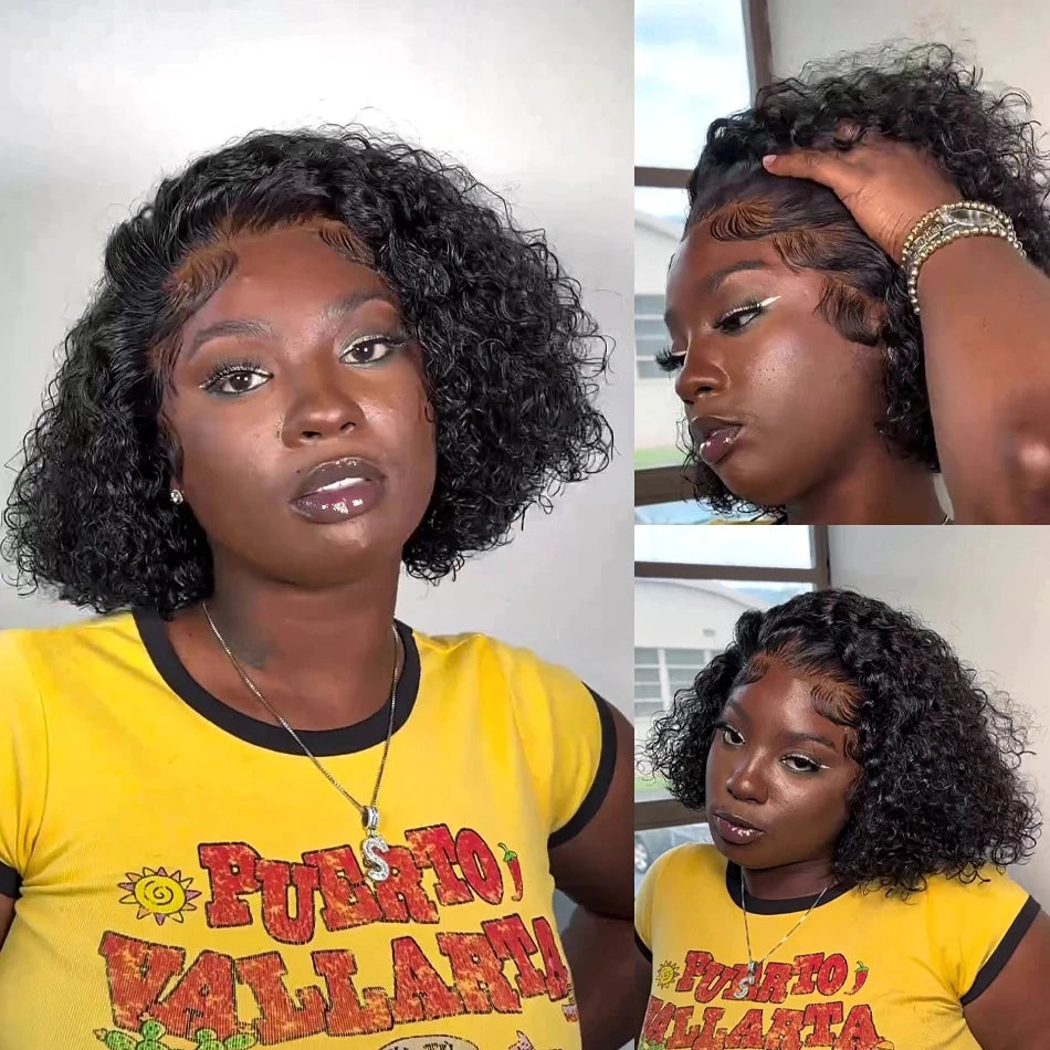 Brazilian Loose Deep Wave 13x4 Lace Frontal Wigs 200% Density Transparent Lace 4x4 Curly Short Bob Wig 100% Human Hair 14 Inch