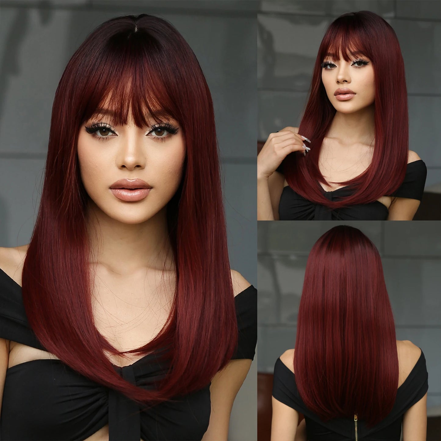 Straight Synthetic Wigs Brown Copper Blonde Mixed Middle Length Wigs with Bangs Blunt Cut Hair for Women Daily Heat Resistant