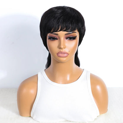 Human Hair Mullet Wig With Bangs  Dovetail Natural Black Pixie Cut Full Machine Made Wigs