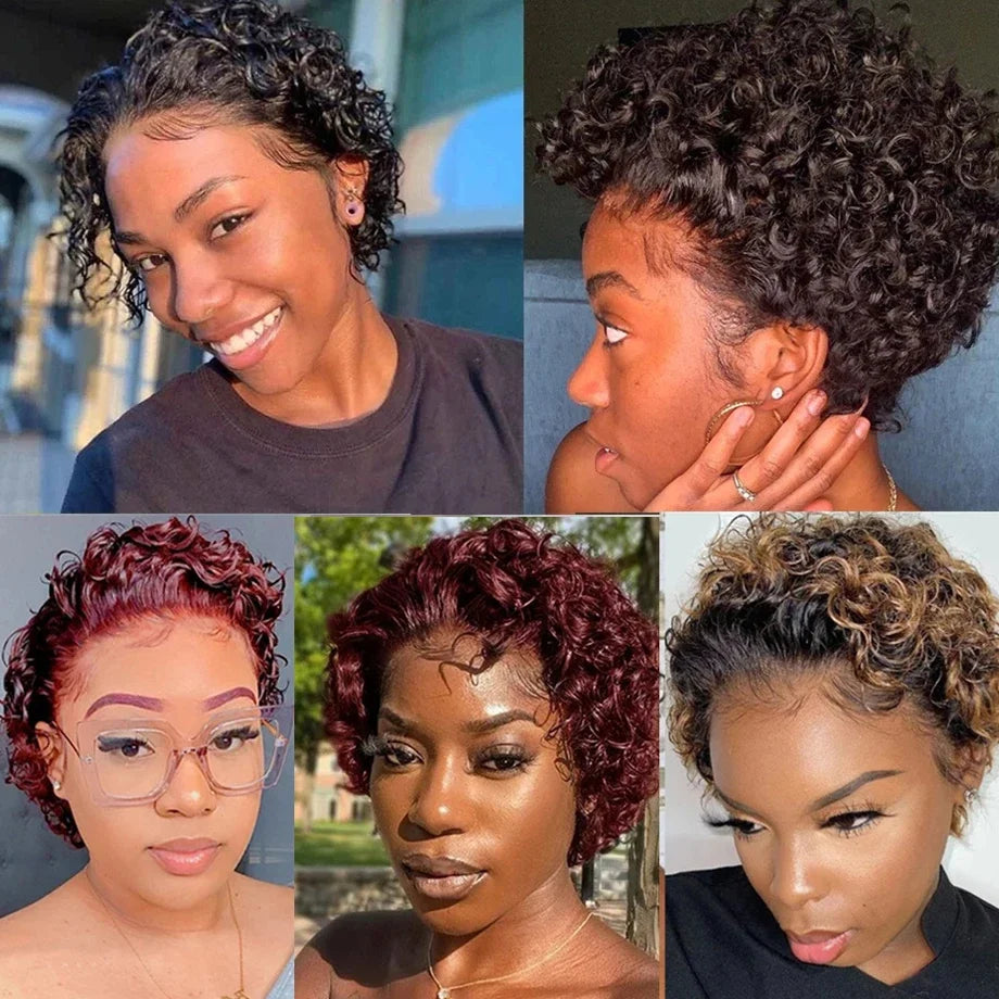 Peruvian Hair Short Inch Curly Pixie Cut Wig Hair with Bangs Cheap Price Bob with Bangs Wig Natural Black Short Wigs For Women