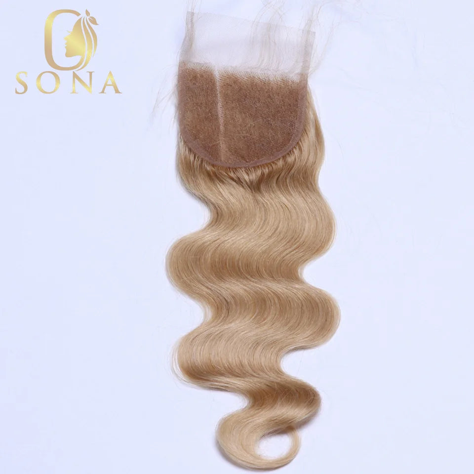 #27 Honey Blonde Human Hair Bundles with 4X4 Closure Brazilian Hair Weave Bundles with Closure 10A Colored Body Wave 1 3 Bundles