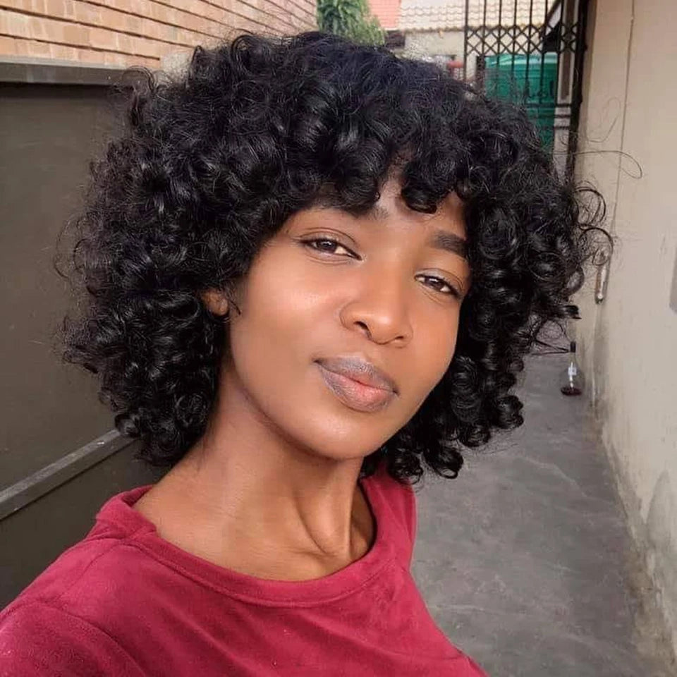 Mongolian Afro Kinky Curly Human Hair Wigs with Bangs Wear to go Glueless Wig Remy Brazilian Short Curly Bangs Wig Human Hair
