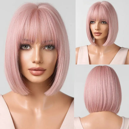 Short Straight Bob Synthetic Wigs Pink Natural Hair Wig with Bangs for Women Cosplay Cute Wig Heat Resistant Fiber